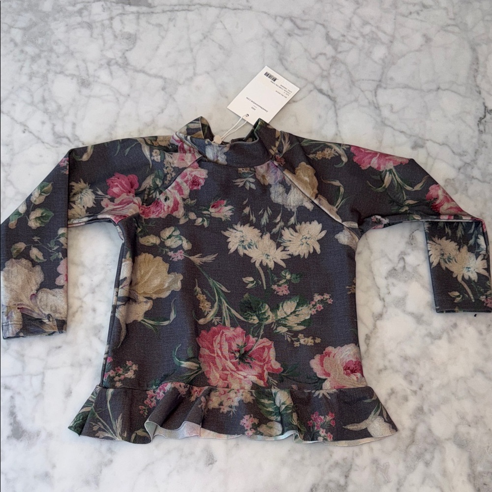 NWT Zimmermann Dark Floral Rashguard or Swim Ruffle Top 2Y